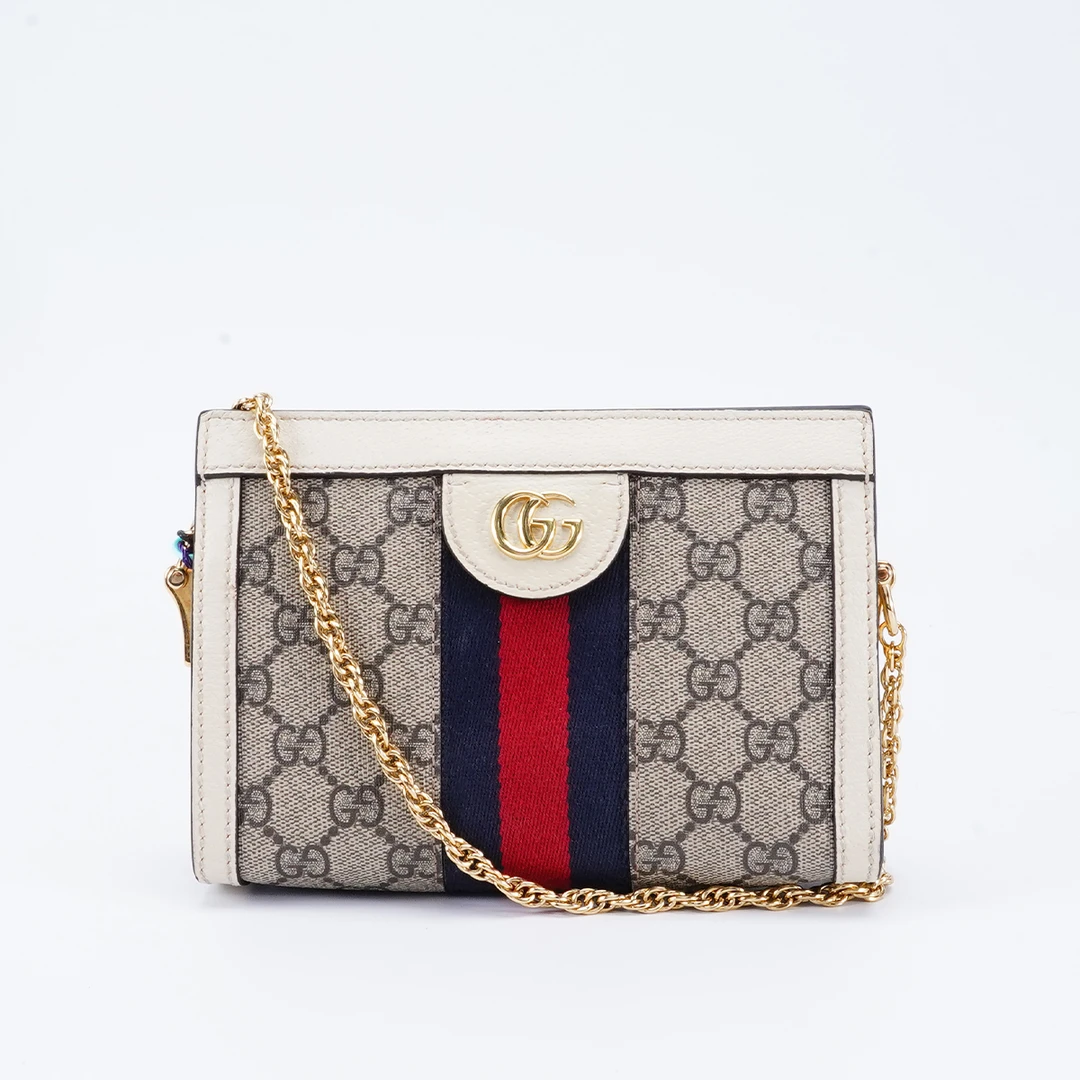 95新 GUCCI/古驰 【白菜】ophidia链条包mini老花拼白/BG23003910