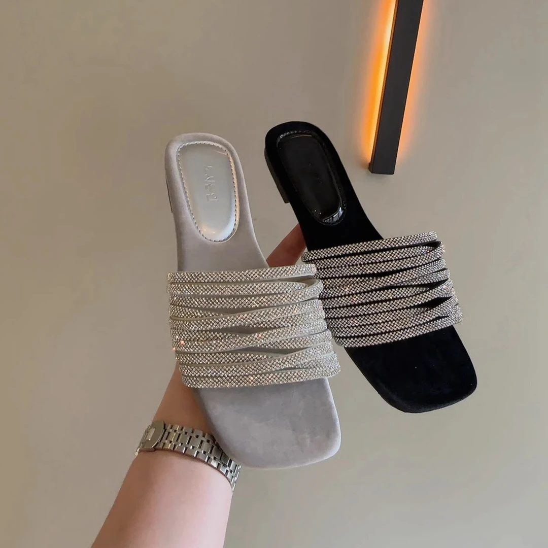 拖鞋女鞋外穿平底凉拖女2025夏季新款法式方头水钻拖鞋绝美一字拖