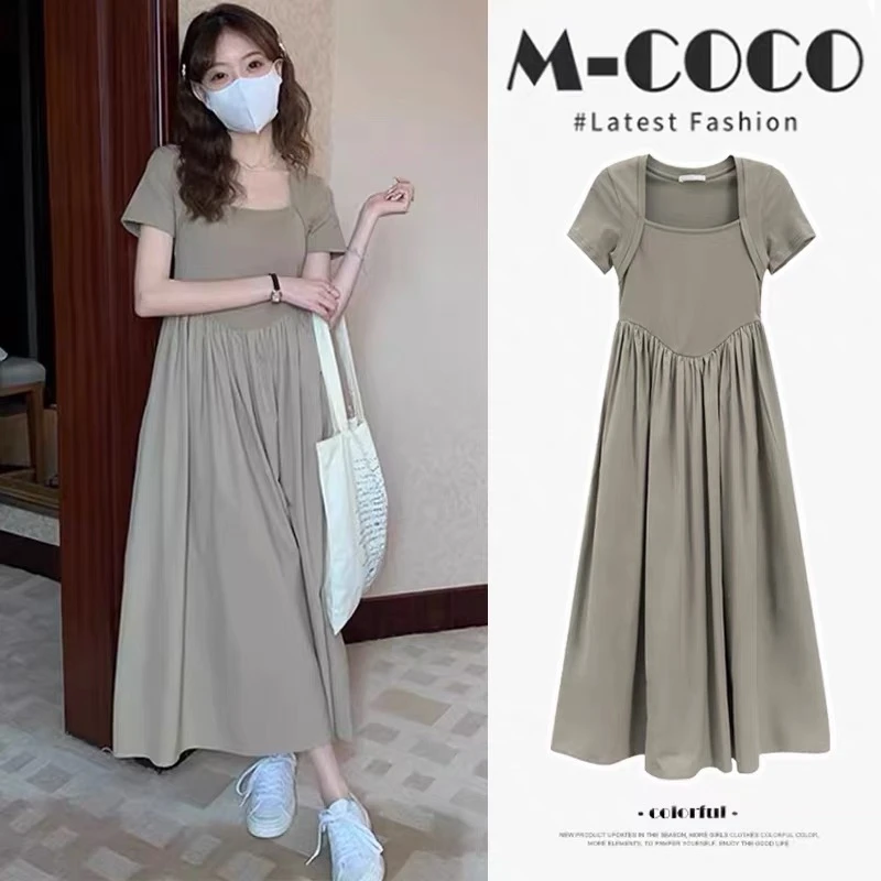 孕妇装夏装简约短袖方领连衣裙2025新款孕妇裙夏季怀孕休闲裙子夏