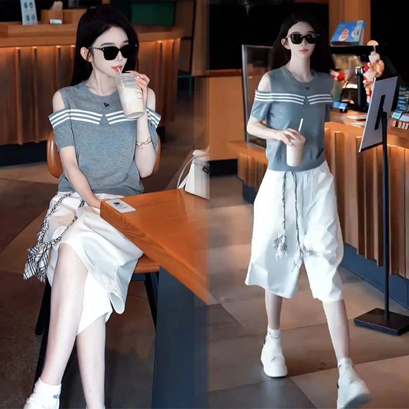 2025时尚网红一整套设计感减龄露肩短袖上衣高腰宽松短裤两件套