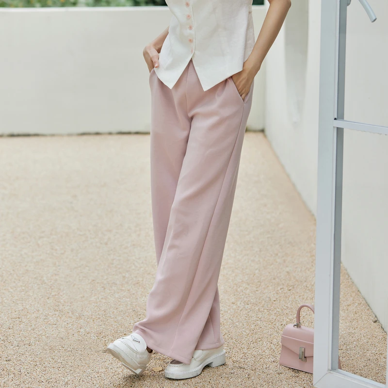 风笛2025春季新款休闲裤直筒阔腿裤那边松紧腰百搭显瘦阔腿长裤