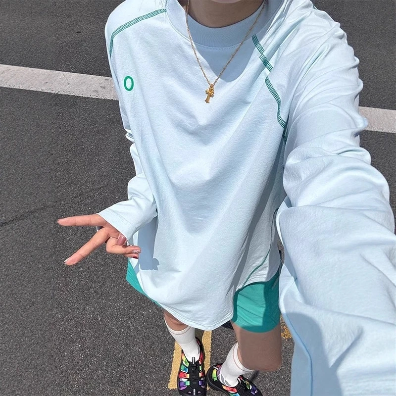 冰蓝色速干防晒长袖t恤男女夏季薄款撞色插肩袖户外运动骑行上衣
