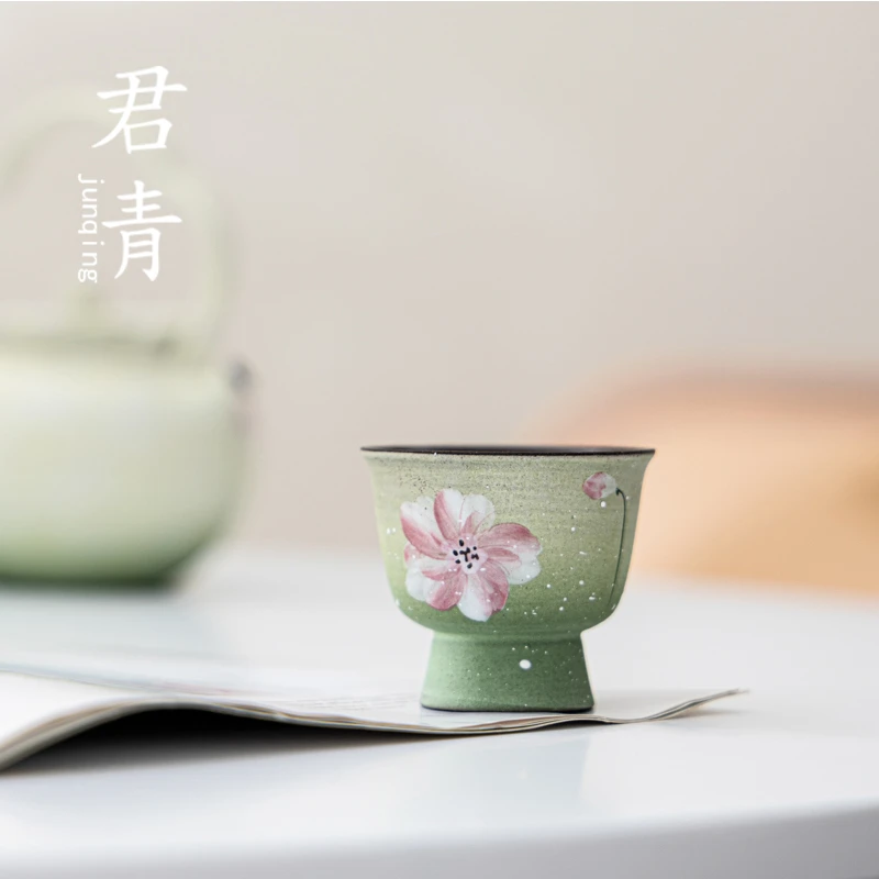 粗陶茶杯手绘清澜樱花高足主人杯单杯粉引福禄品茗杯高档茶具礼物