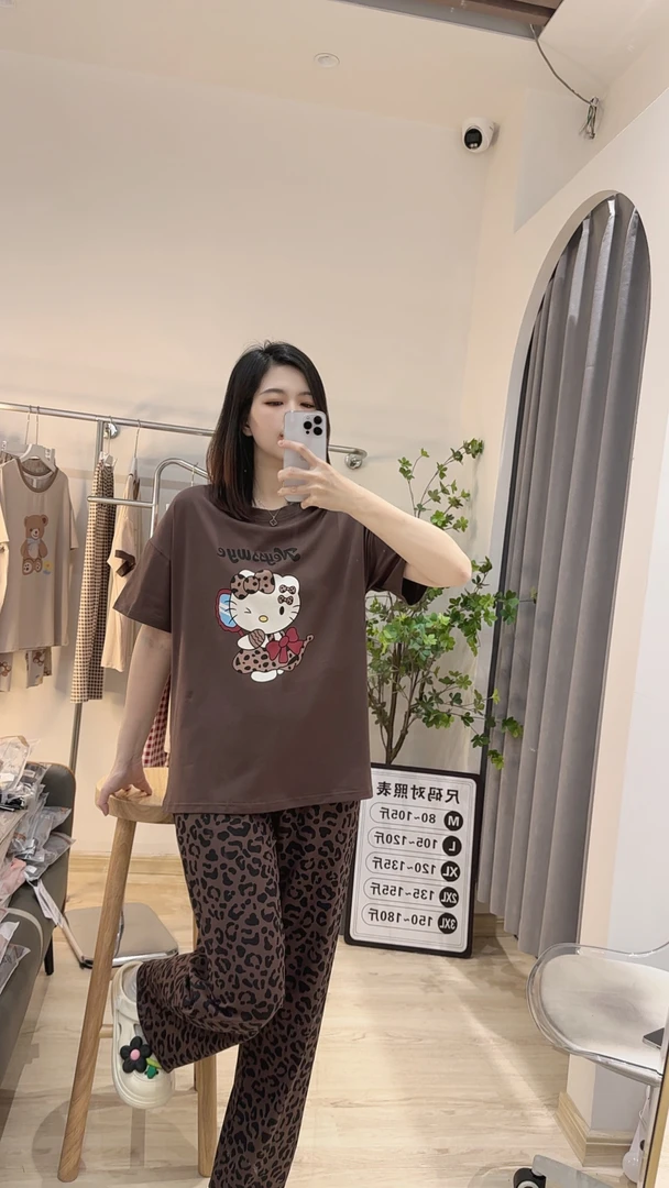 爽棉夏季休闲睡衣女士宽松大码减龄款舒适可爱卡通印花简约可外穿