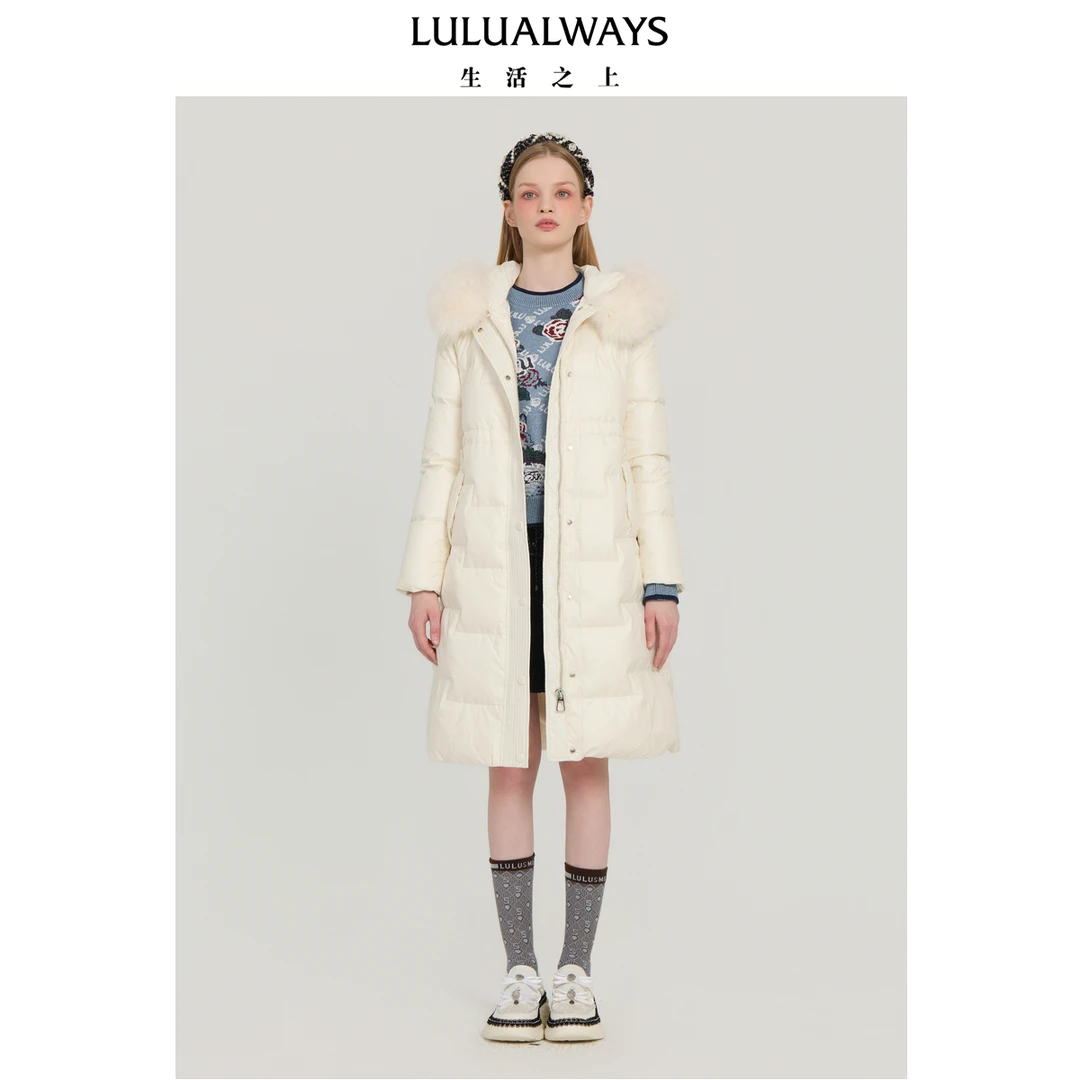 LULUALWAYS我爱露露25秋季新款时尚修身保暖腰带毛领长款女羽绒服