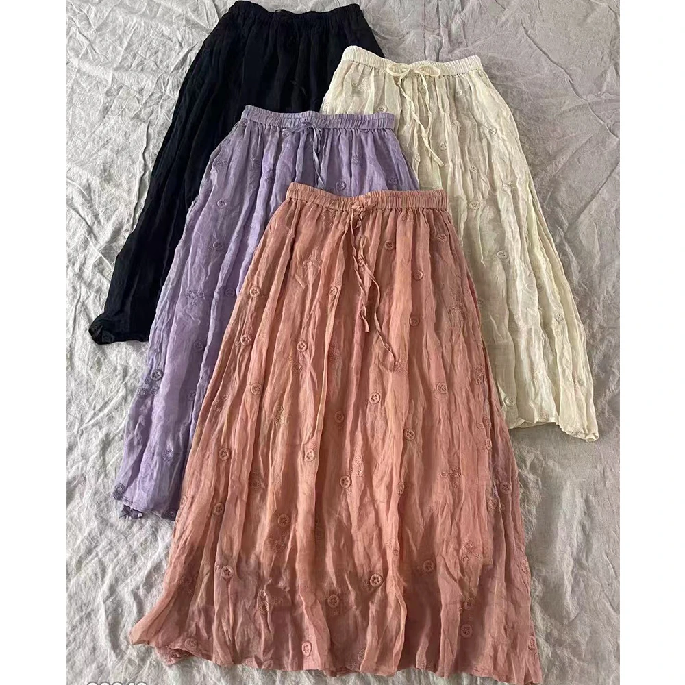 猫迷森林夏季新款文艺苎麻刺绣半身裙双层气质飘逸薄款a字裙60042