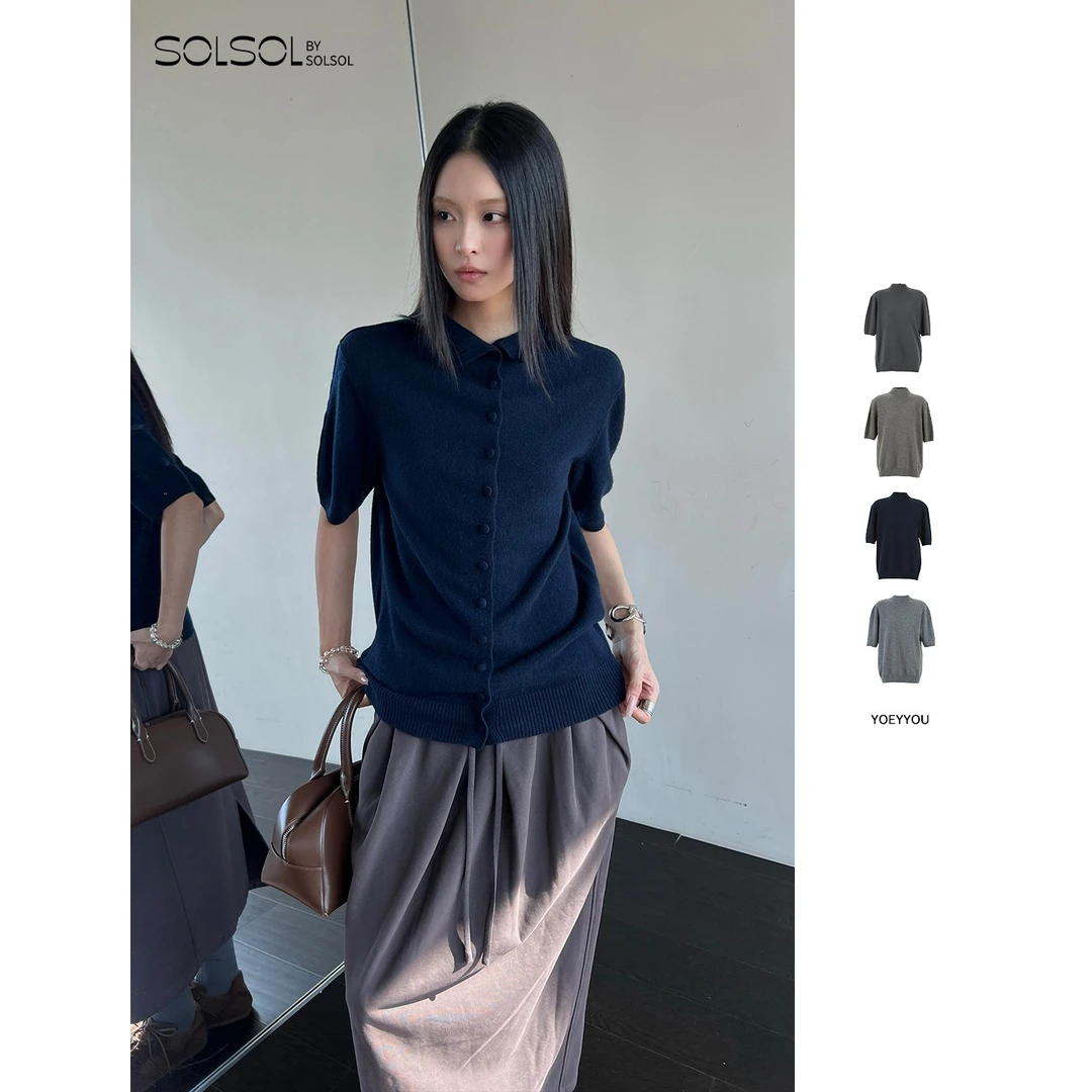 YOEYYOU 设计师25秋冬新品松弛感后开襟高领短袖毛织上衣SOLSOL