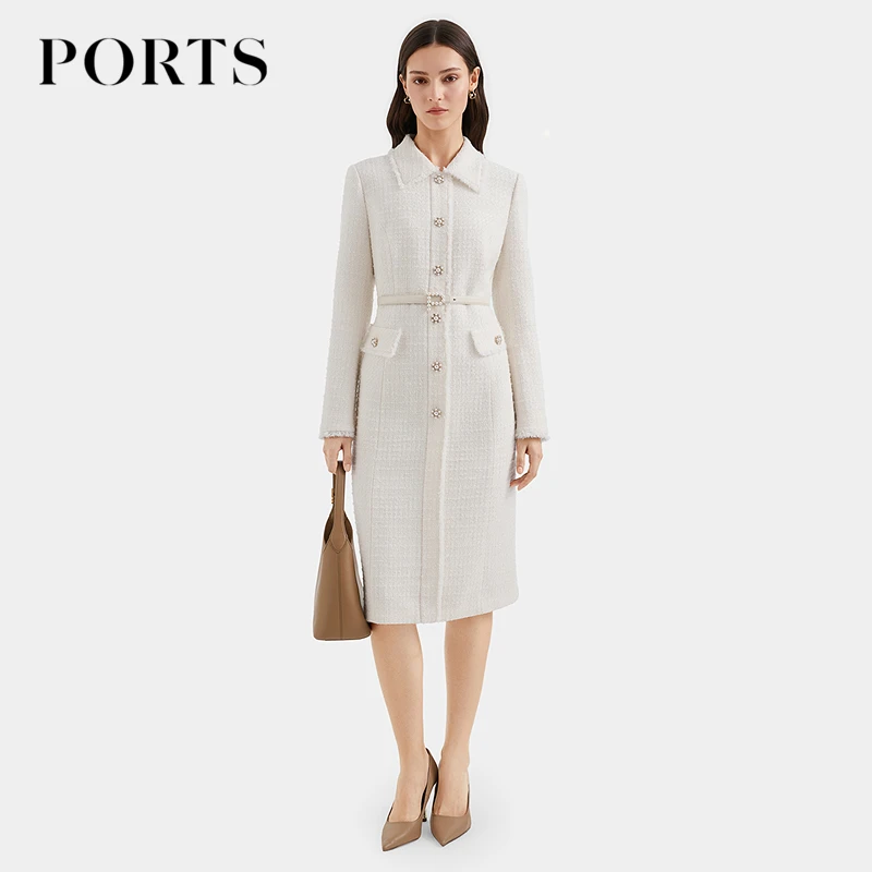 PORTS宝姿女装2025秋季新款气质复古翻领收腰奶白色羊毛连衣裙