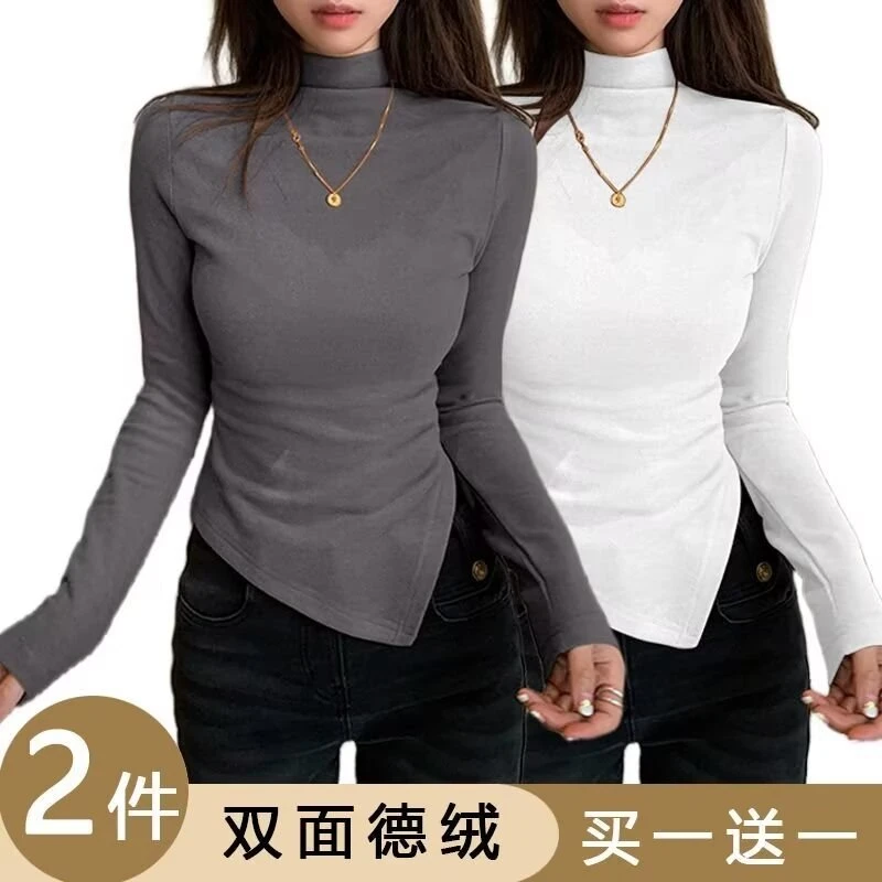 2024新款秋季打底衫德绒半高领内搭打底衫女秋冬不规则正肩辣妹灰