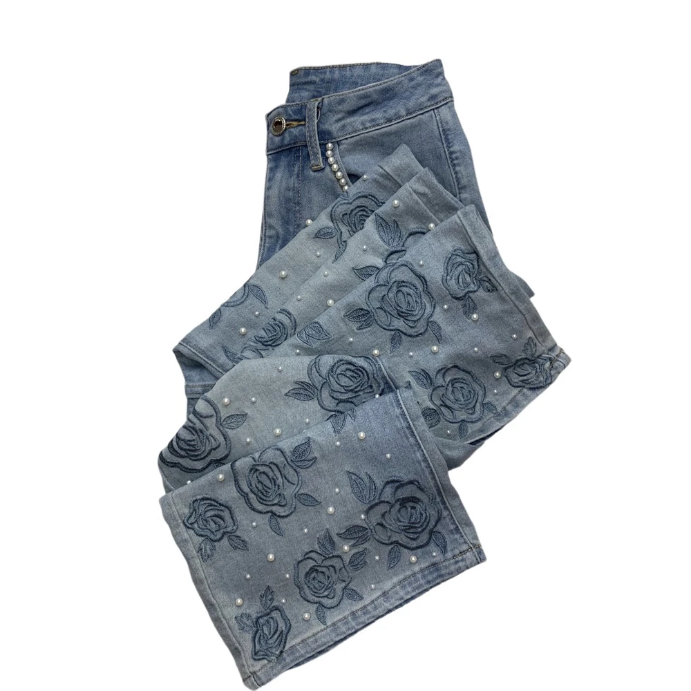 H9035秋季新款刺绣钉珠中高腰阔腿直筒女装牛仔裤（无腰带）