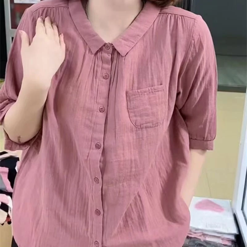 2025网红五分衬衫韩版百减龄宽松上衣复古翻领外穿衬衣