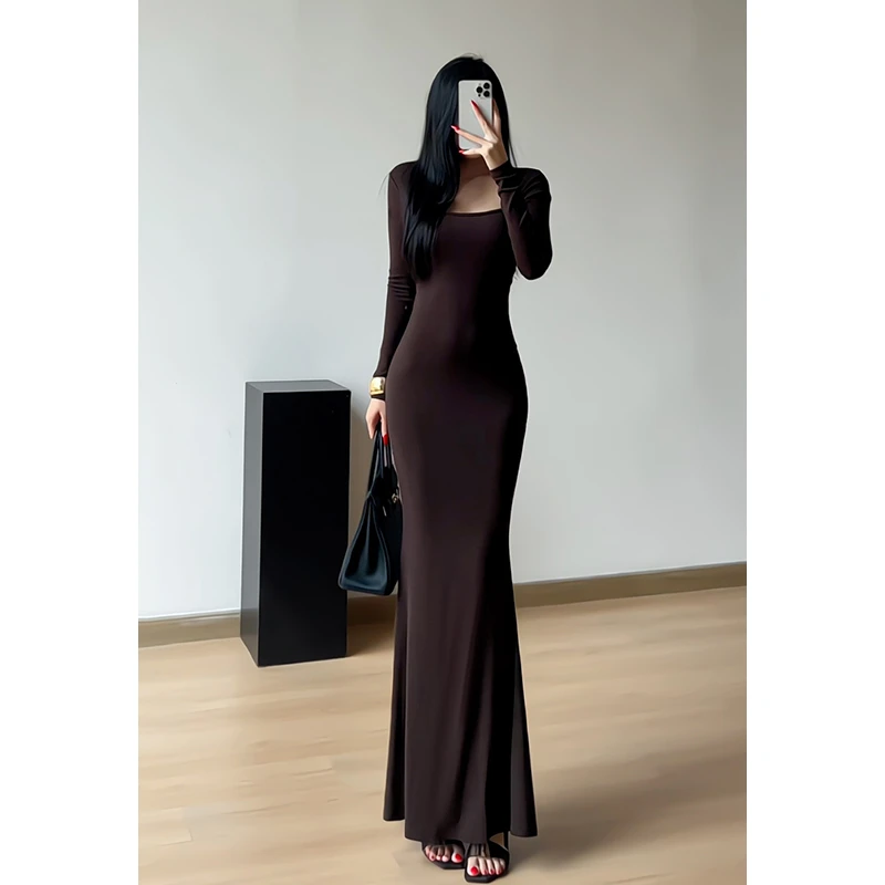 轻熟御姐方领连衣裙女秋款内搭步步生莲鱼尾裙显身材包臀打底长裙