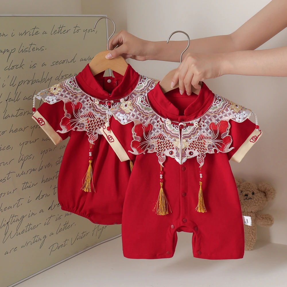 婴幼儿连体衣红色喜庆哈衣宝宝周岁满月服抓周服纯棉中国风