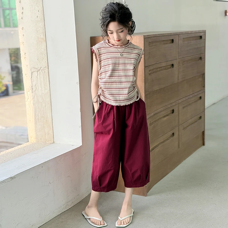 女童夏季阔腿裤套装2025新款6-12岁洋气中大儿童时尚韩版条纹夏装