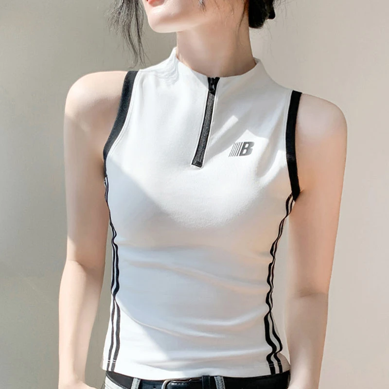 双色拉链立领无袖背心女2025春季新款修身字母印花开衫内搭打底衫