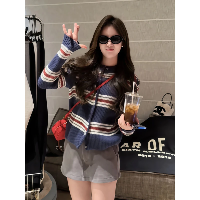 纯欲辣妹撞色条纹毛衣开衫女秋季新款韩系修身显瘦圆领针织衫上衣