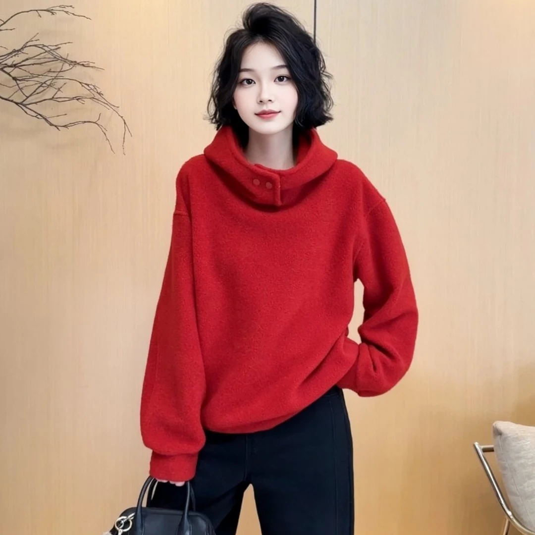 时尚连帽纽扣立领套头卫衣女2025秋冬大码胖MM气质减龄百搭上衣