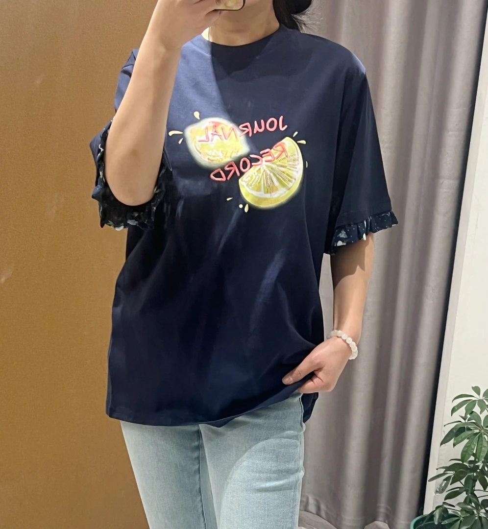 Kin.轻奢服饰新款欧货时尚洋气圆领拼接雪纺袖口花边宽松短袖T恤