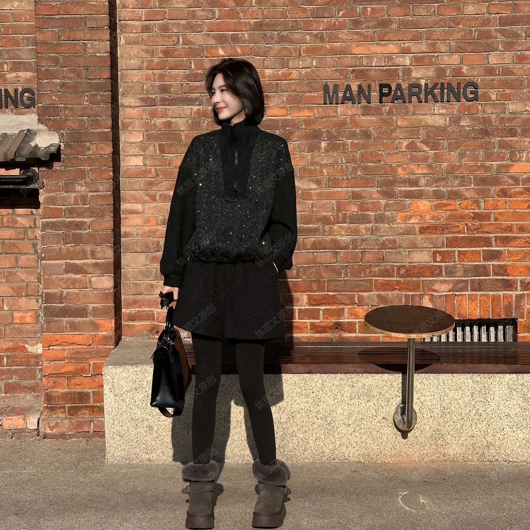 焦思文 冬季时尚洋气百搭加绒加厚拼接亮钻立领卫衣251211Y01
