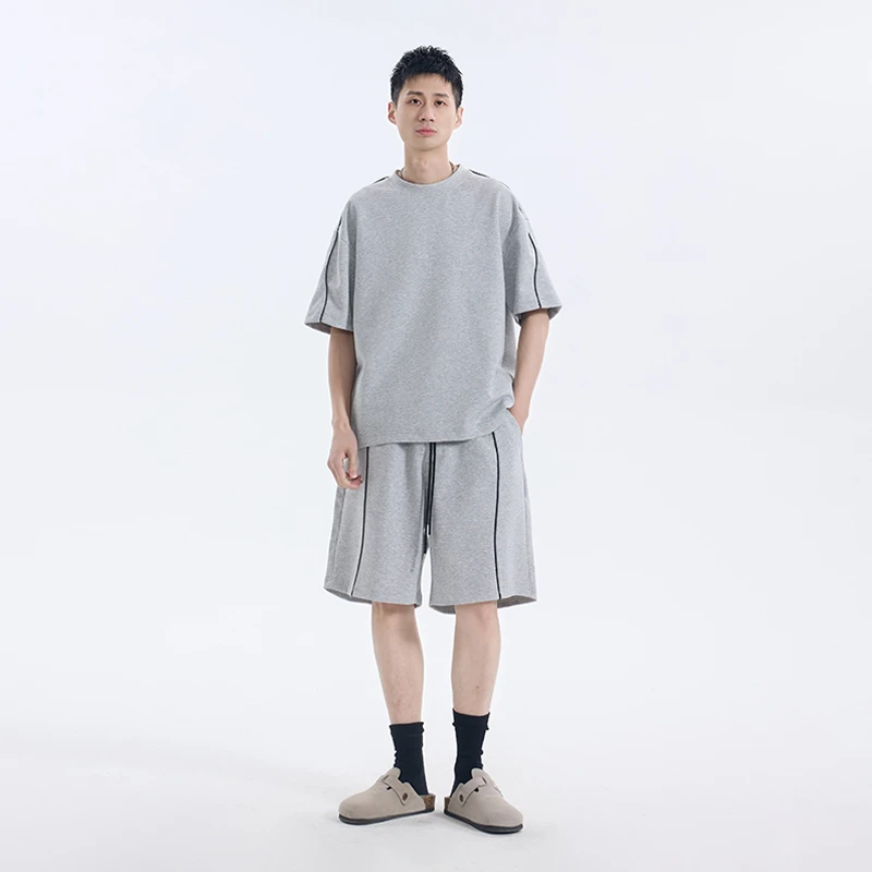 夏季新款明线圆领简约短袖短裤两件套休闲百搭高级感男装套装8973