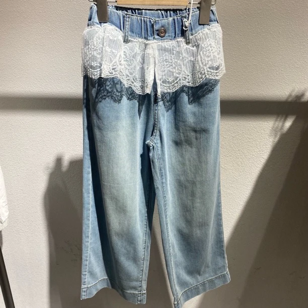 7285童装腰间蕾丝直筒牛仔裤