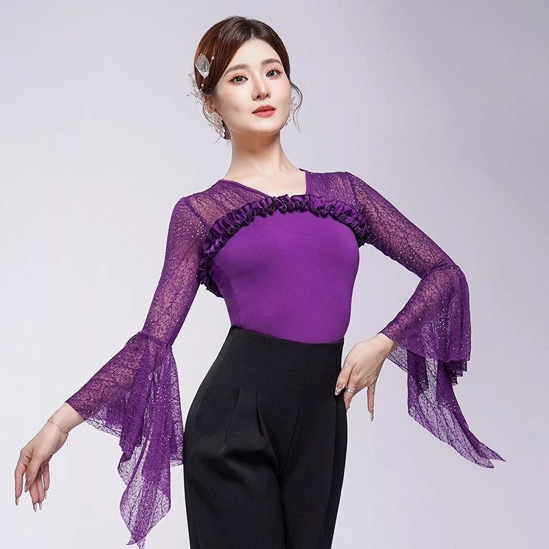 扉姿 摩登舞上衣女新款高级蕾丝烫钻国标舞服装洋气跳舞衣服F1338