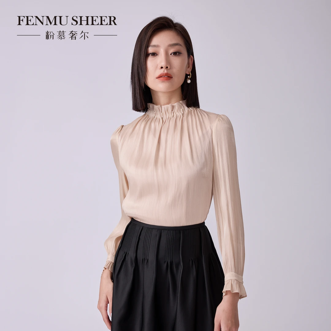 【丽公主专属】粉慕奢尔『琥珀流光』褶皱木耳边领喇叭袖衬衫G2509
