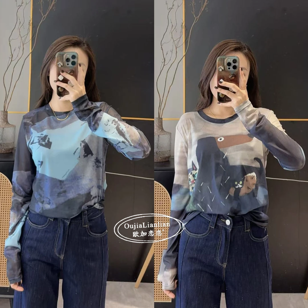 【欧加恋恋】春夏百搭时尚韩版显瘦拼色圆领涂鸦长袖 S25033121