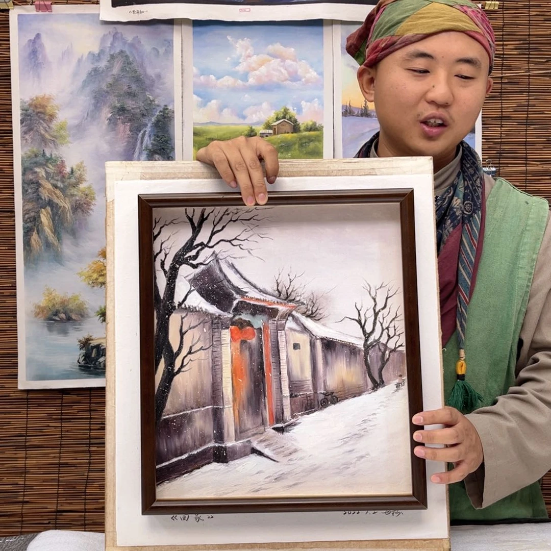 油画行路人小院绘画作品竞拍