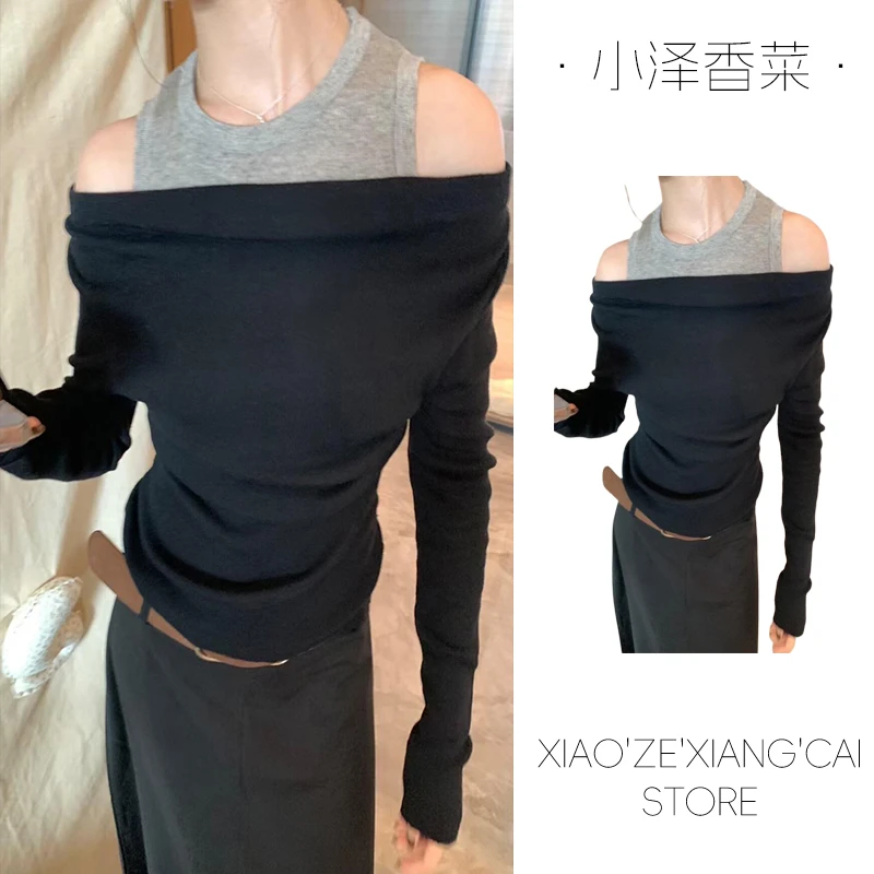 韩系早秋氛围感穿搭撞色假两件长袖针织衫女秋冬修身露肩打底上衣