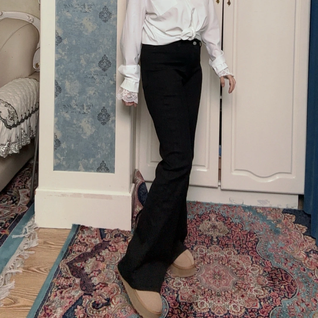 006黑色高腰微喇叭牛仔裤女秋冬保暖弹力显瘦长裤子包邮修身