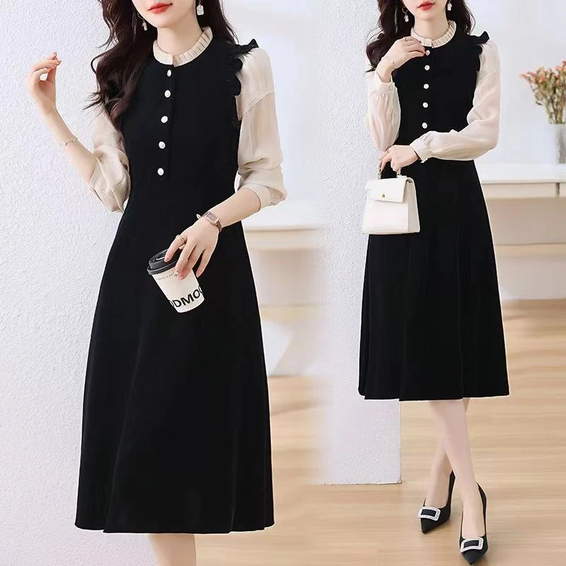 丝绒连衣裙女装春季小香风小个子拼接长袖气质内搭高级感法式长裙