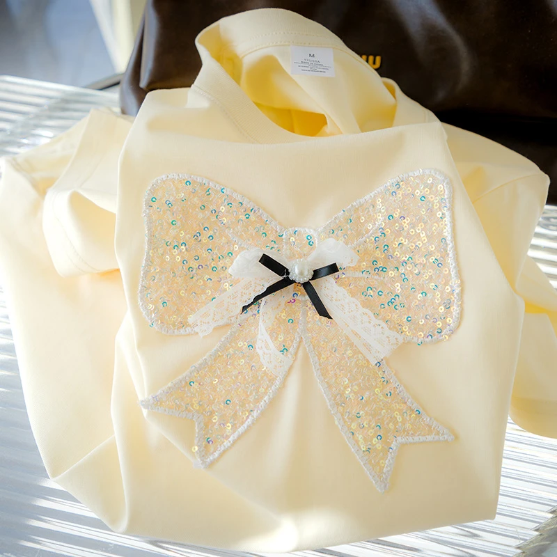 带钻蝴蝶结刺绣100纯棉白色短袖t恤女2025夏季新款爆女装半袖体恤