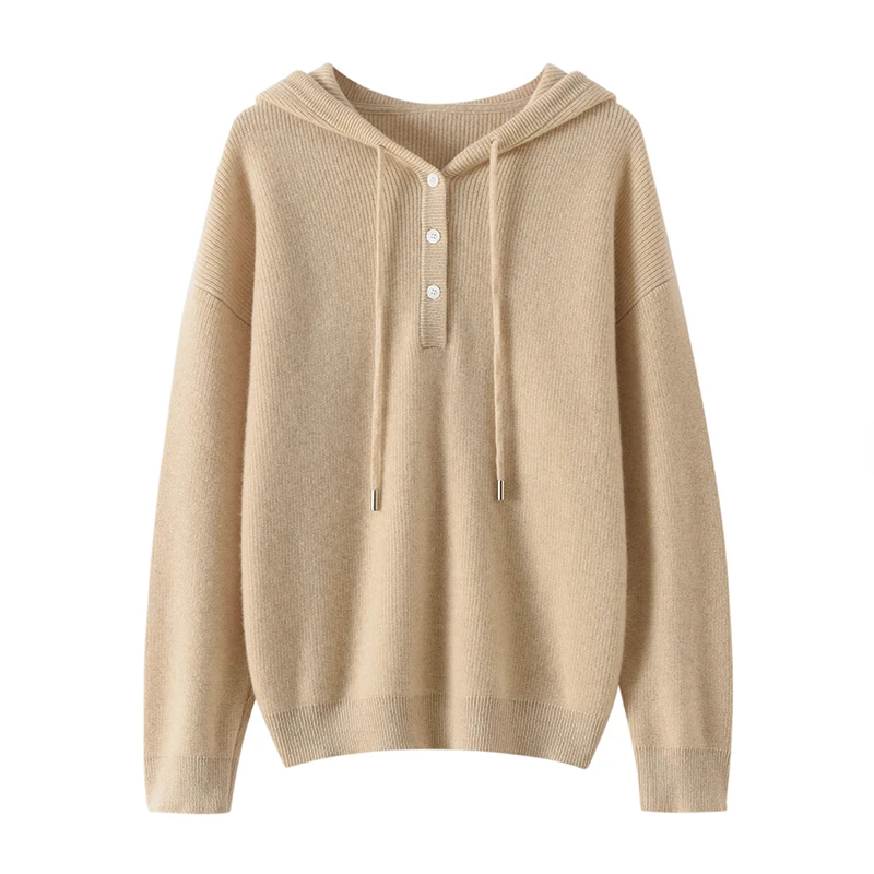 100纯山羊绒元宝针纽扣针织连帽帽衫上衣女