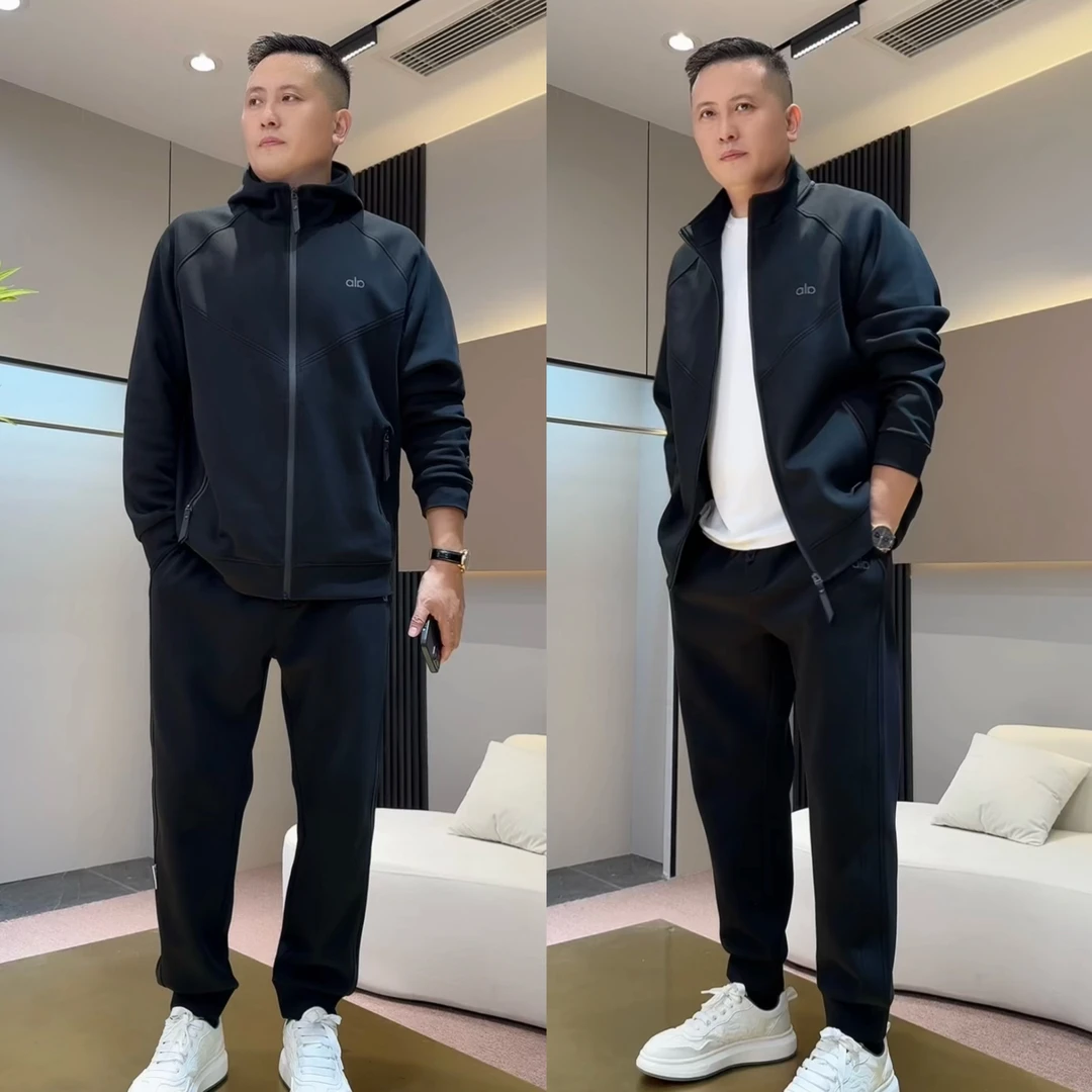 品至家秋冬加绒时尚休闲运动套装连帽开衫立领夹克休闲裤两件套男