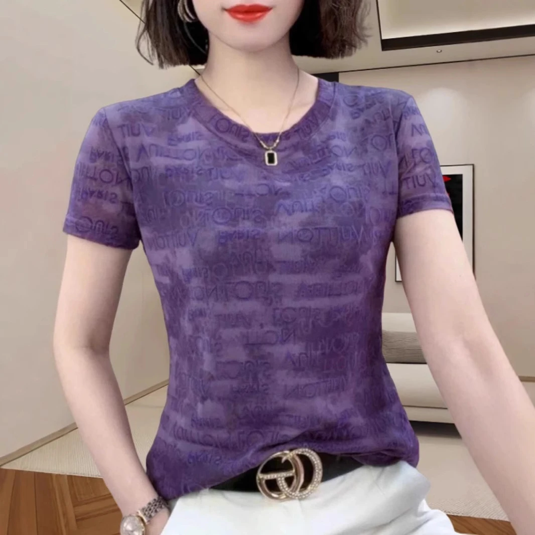欧货时尚短袖t恤女2024夏季新款洋气减龄小衫修身显瘦网纱上衣潮
