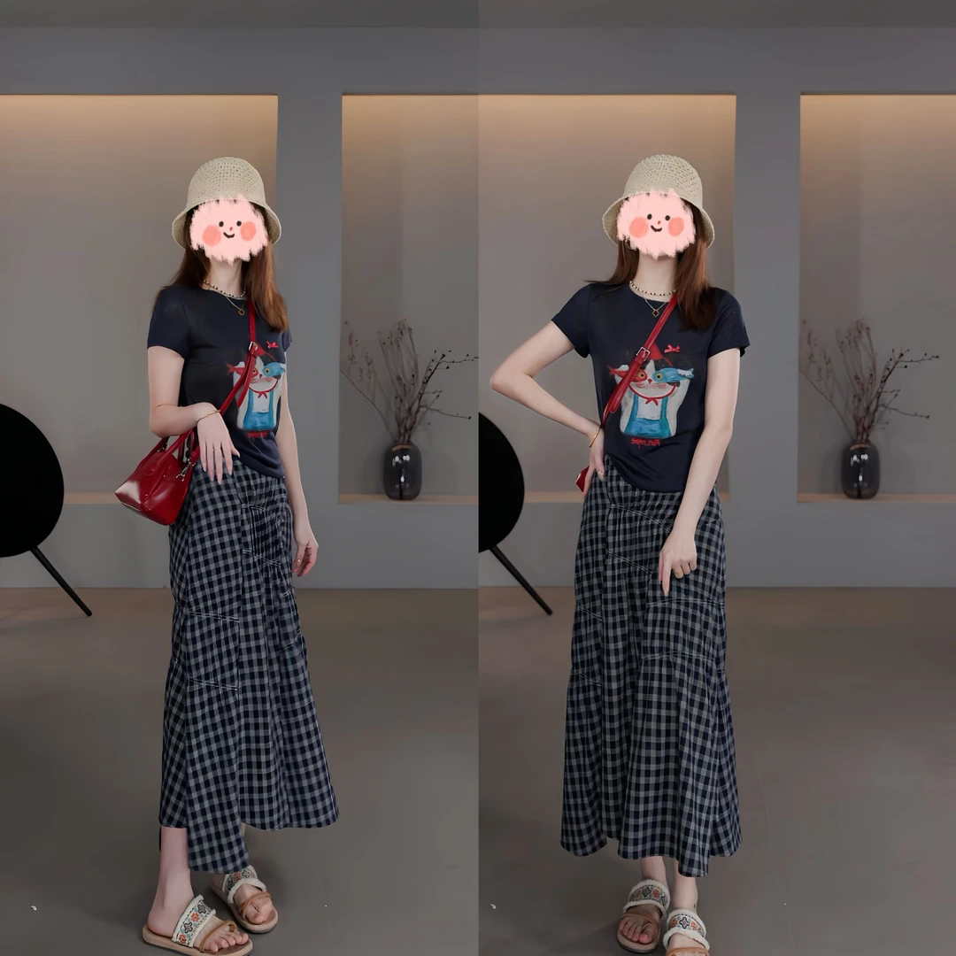 2025夏季新款天丝薄款冰感短袖T恤+高腰显瘦拼接格子半身裙套装