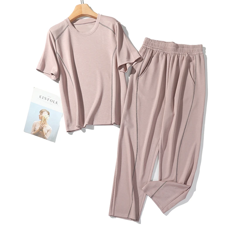 卡洛町大码女装100-210斤夏新款时尚百搭明线设计感休闲套装8239