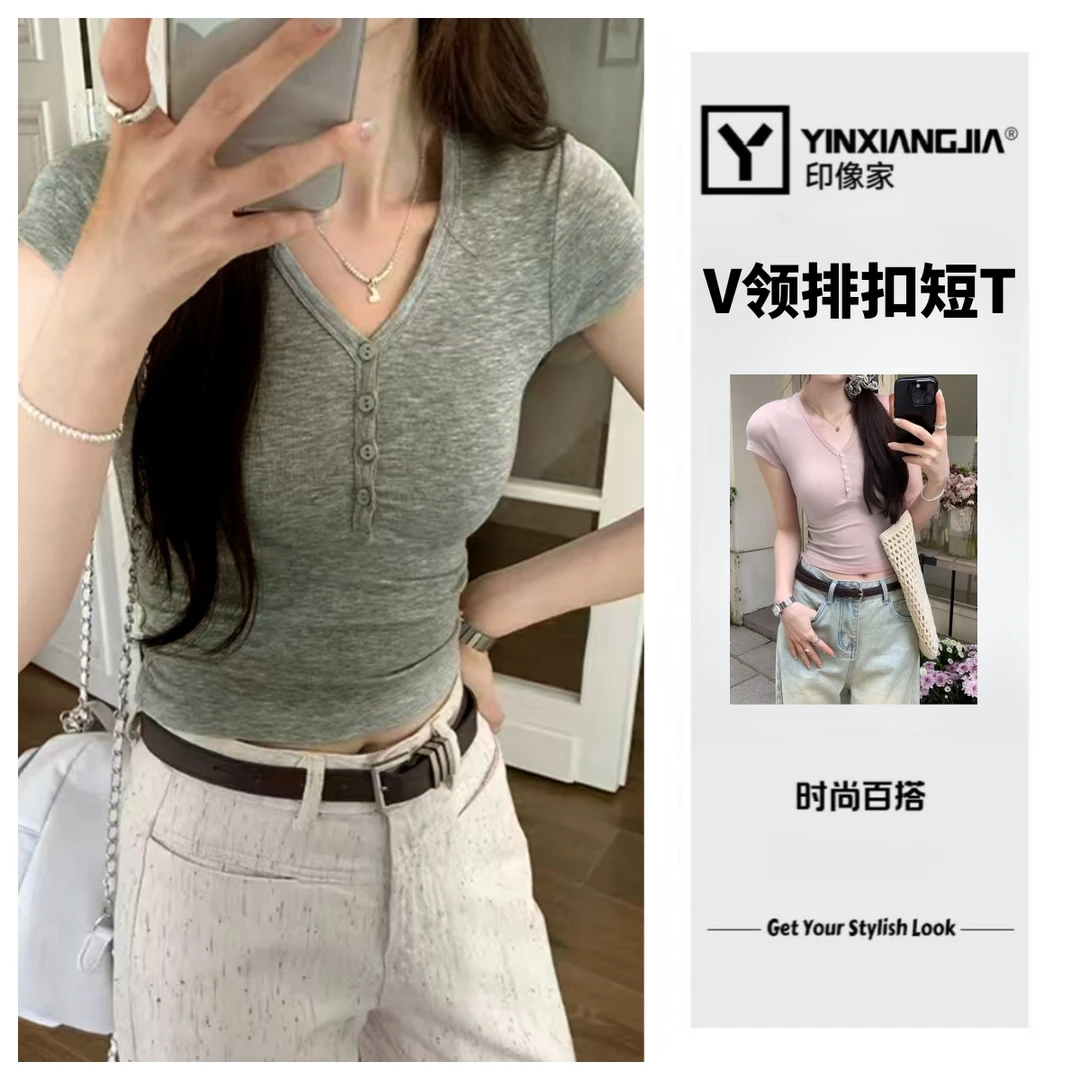 印像家春季新款美式复古V领排扣短袖T恤修身显瘦短款上衣欧若风