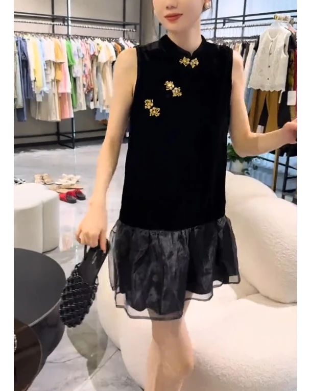 夏季新中式拼接无袖短款气质显瘦国风连衣裙