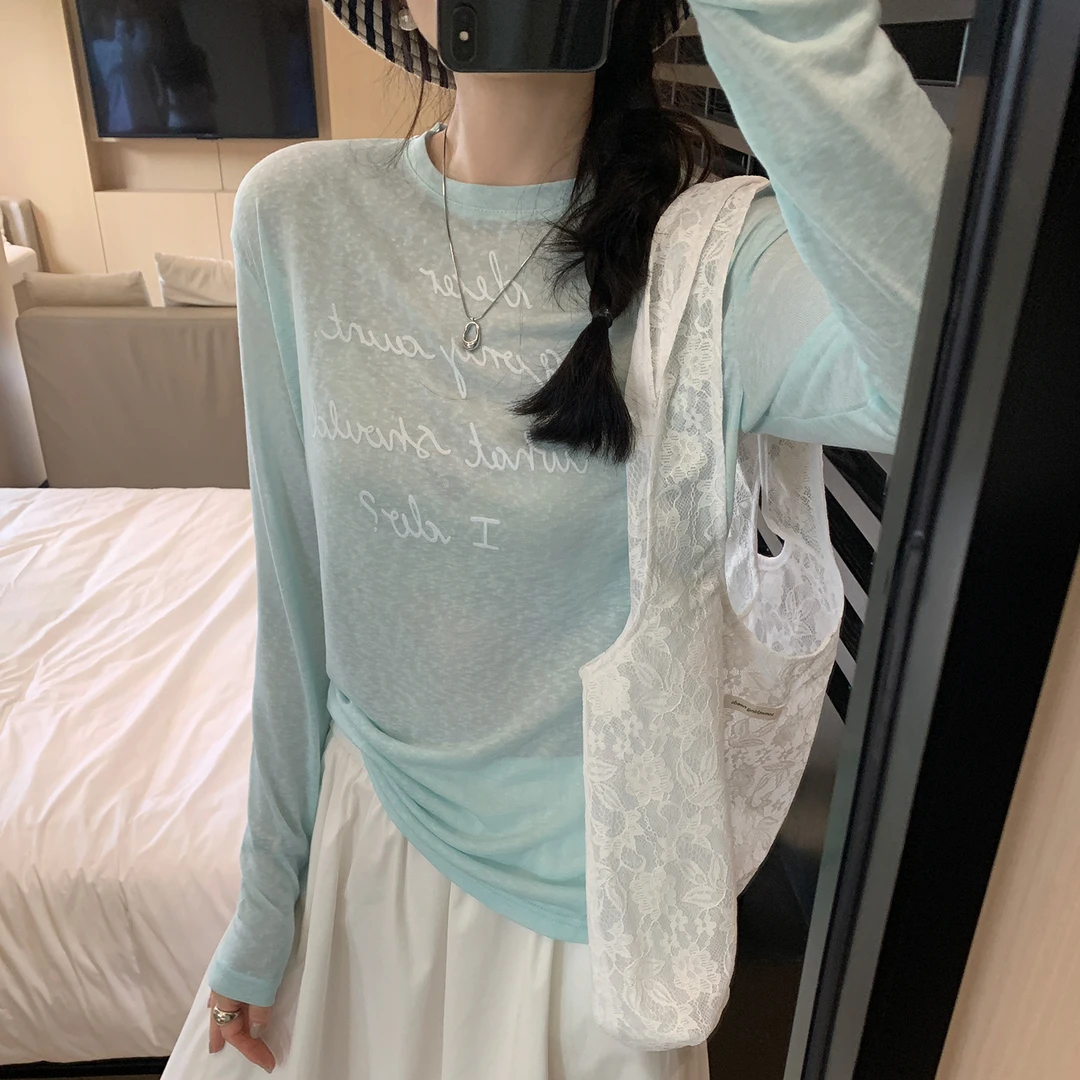 慵懒松弛感长袖T恤女夏季宽松罩衫显瘦凉感打底韩系字母印花上衣