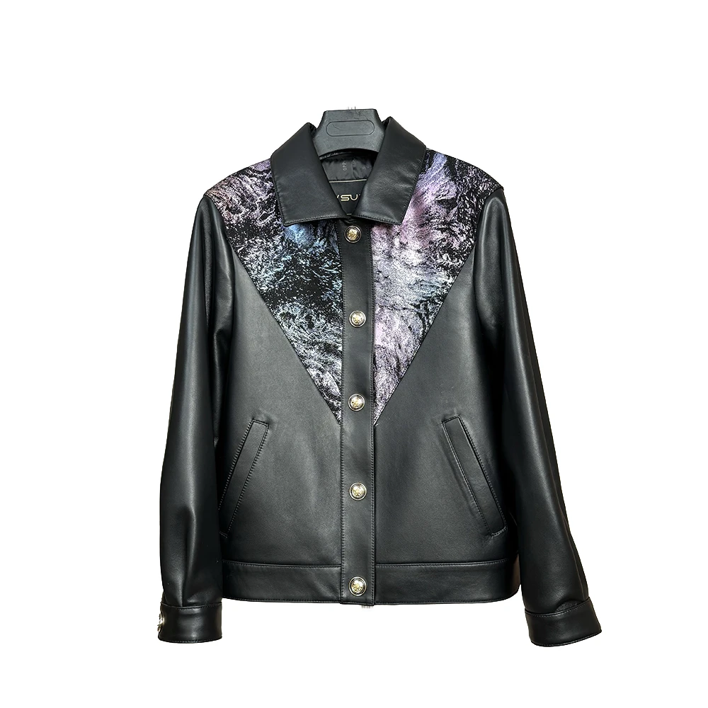 SUIJI/随机拼接高档真皮皮衣女士宽松休闲外套风衣上衣DP63301