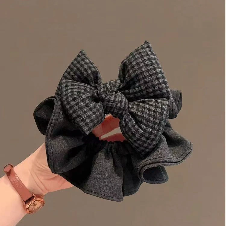 黑灰格纹蝴蝶结发圈韩系高端发饰头绳2025新款质感布艺肠圈发绳女