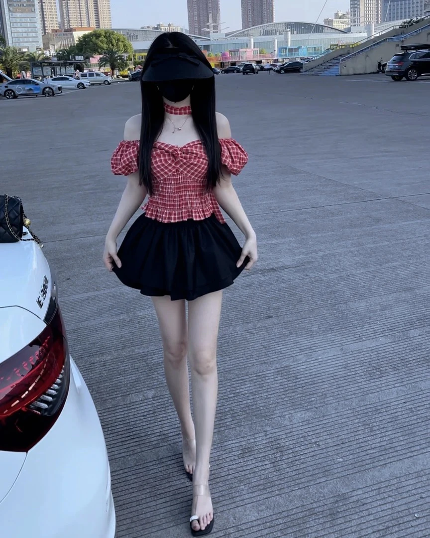 夏季两穿时尚格子个性上衣