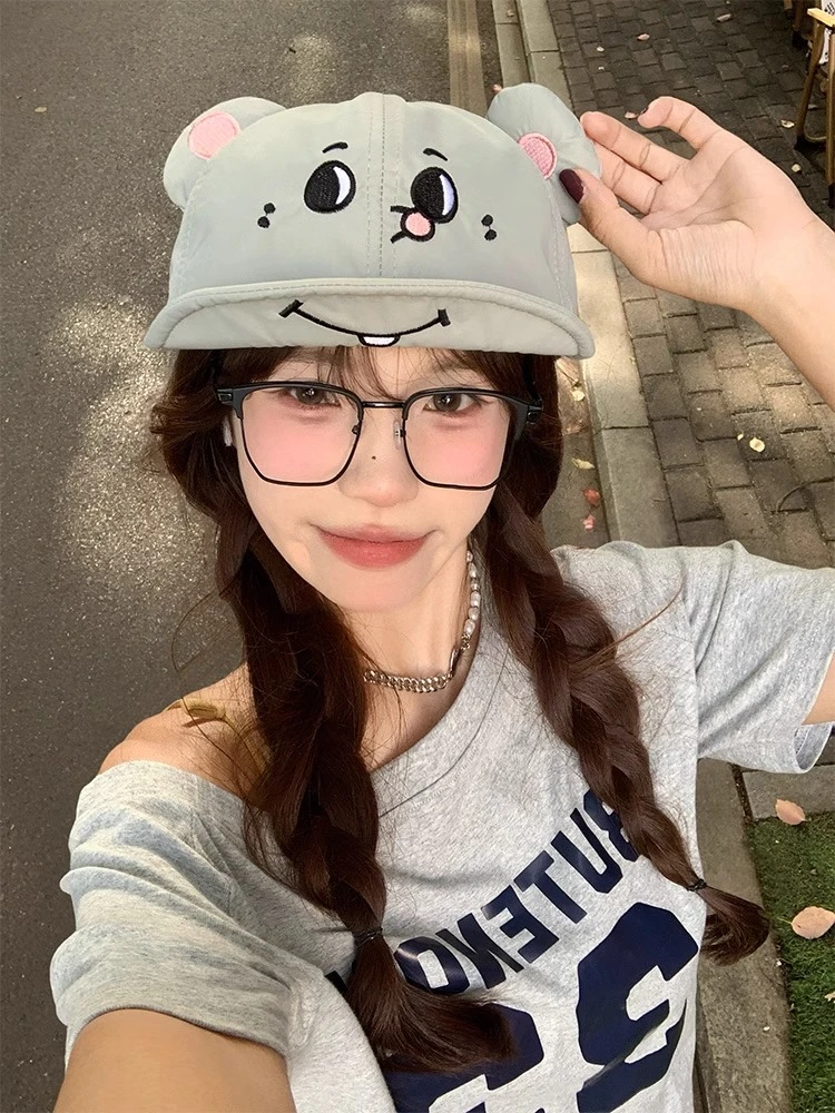 可爱灰耗子大老鼠翻檐鸭舌帽子女夏季透气遮阳防晒搞怪卡通棒球帽
