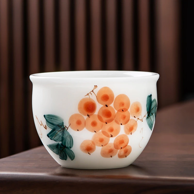 家用功夫茶杯茶碗冰种玉瓷手绘葡萄品茗杯大容量主人杯单个礼盒装