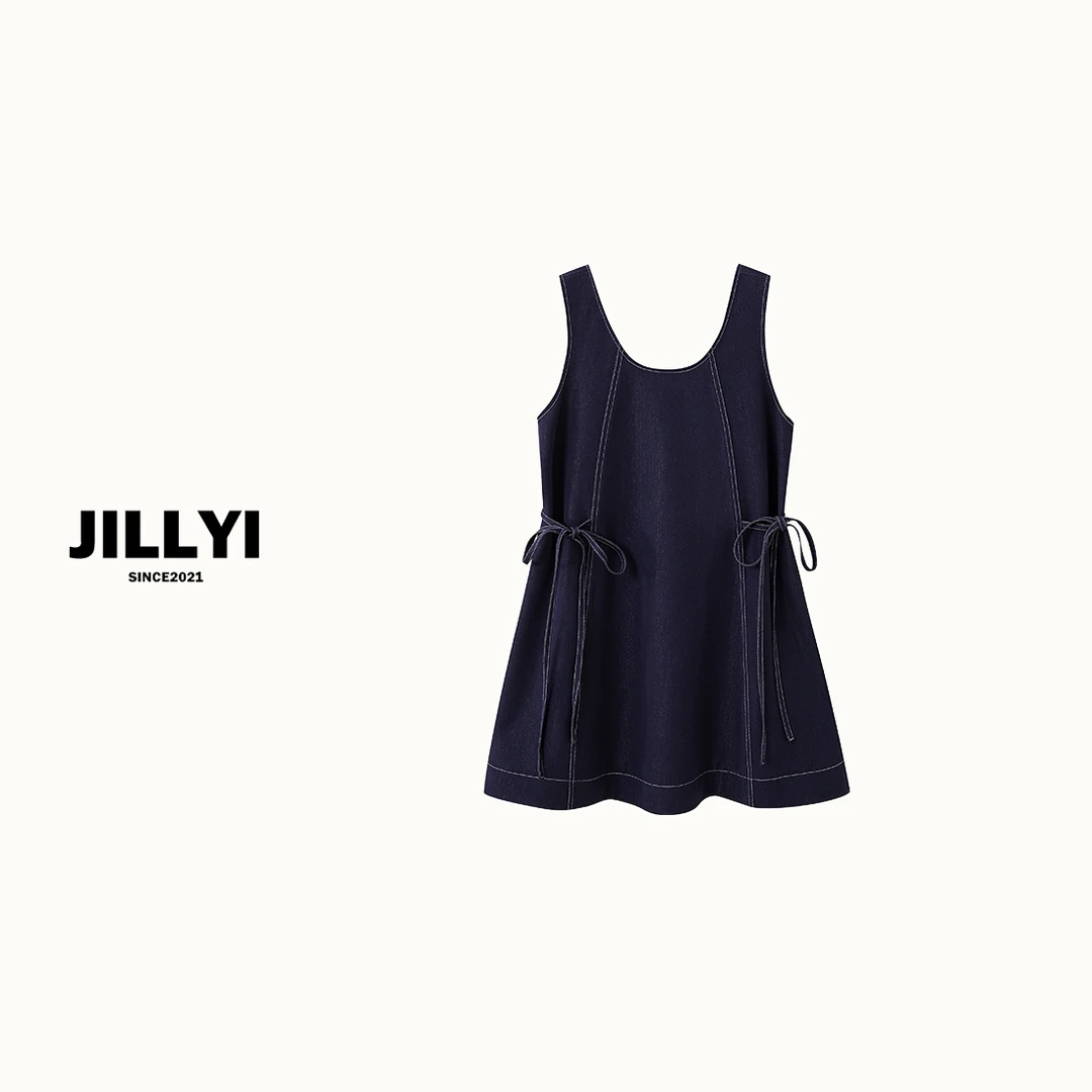 JILLYI珠海店【蓝玲风语】藏蓝色圆领腰间侧边绑带工艺简约连衣裙