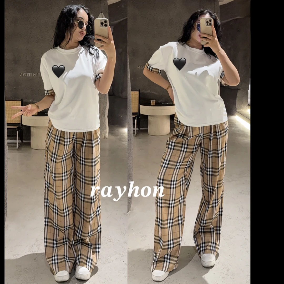rayhan圆领刺绣格子拼接条纹短袖高腰休闲套装