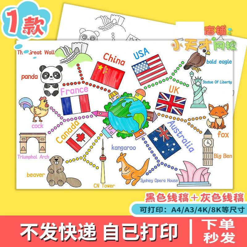 英语国家思维导图手抄报模板小学生三年级英语主题电子版x179