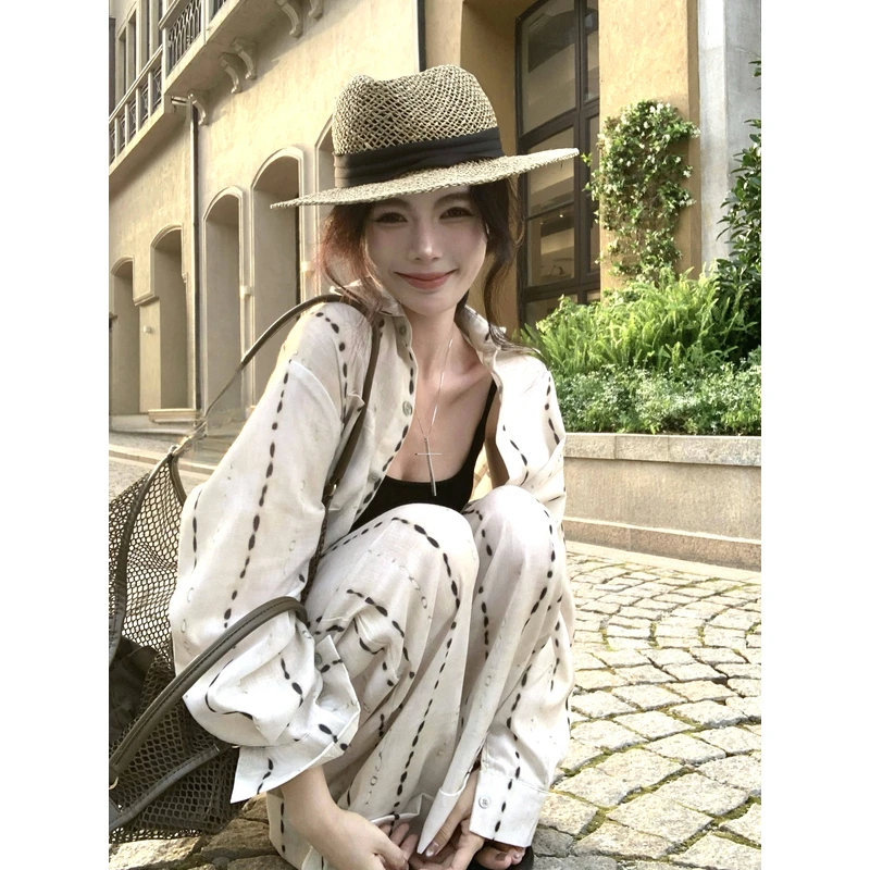 韩版宽松慵懒风休闲老钱风套装印花防晒衬衫阔腿休闲裤两件套女装